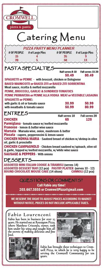 Cromwell Pizza Catering Menu